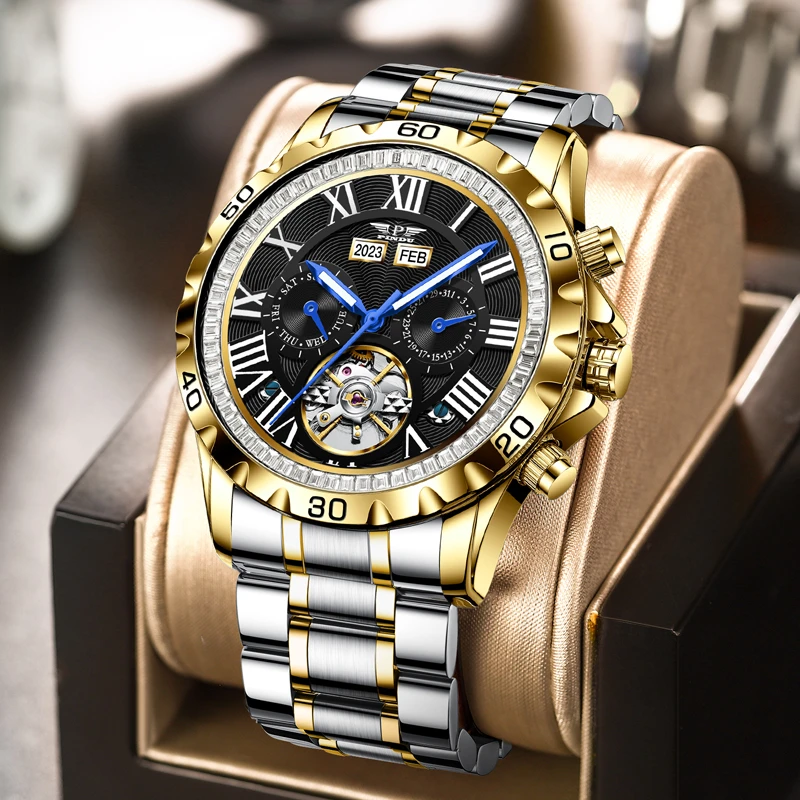 品度多功能全自动机械表男款高档时尚潮流经典夜光防水双日历腕表