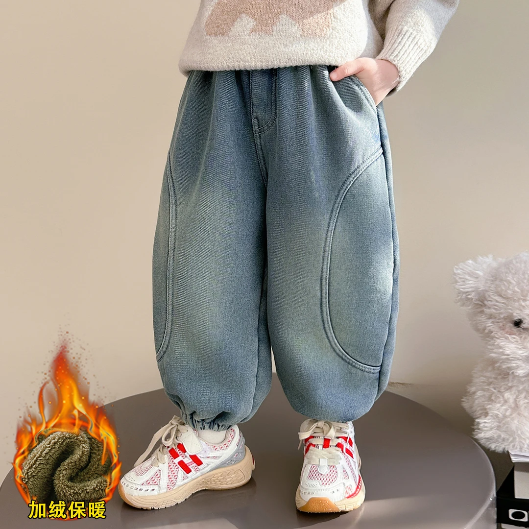 女童加绒牛仔裤秋冬款儿童加厚裤子洋气时髦女宝宝一体绒束脚裤潮