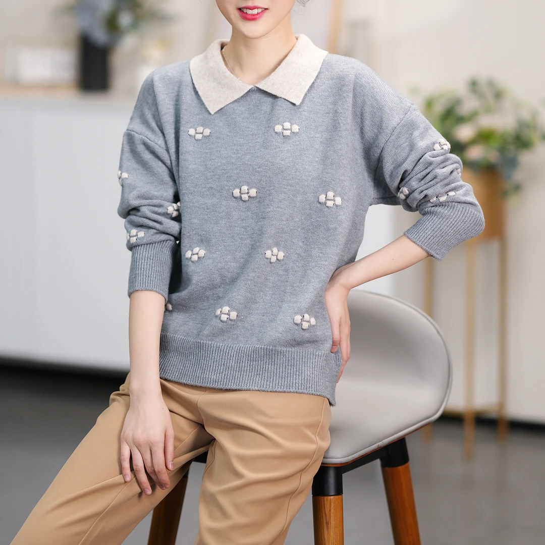 【春季新款】C7686灰色小香风韩系设计感撞色翻领气质套头针织衫