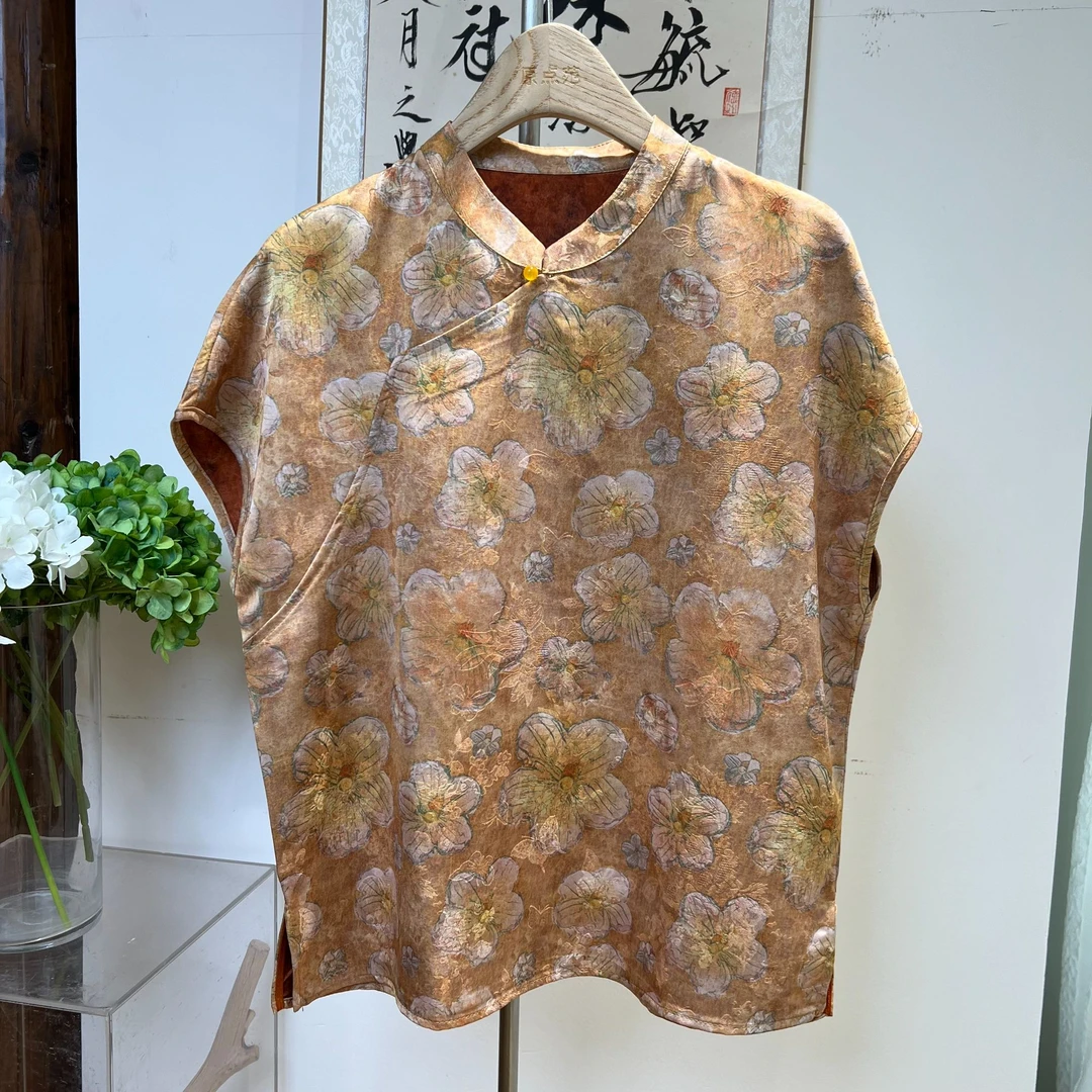 常规款新中式防静电小飞袖T恤国风夏季女士双面圆领黄色双层125