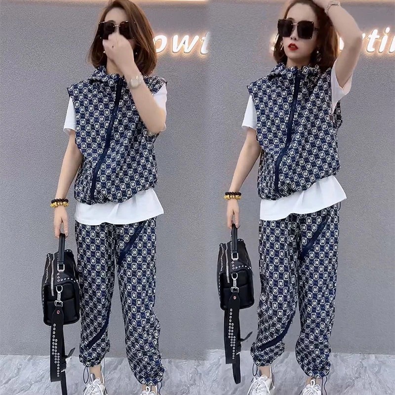 新款时尚短袖套装女2025春季遮肉韩版显瘦宽松大码网红气质三件套