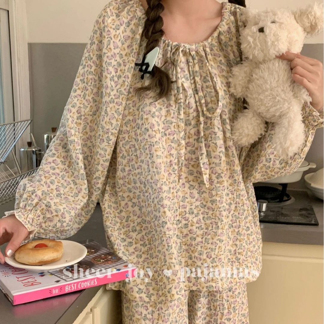 25年春秋季新款韩系系带圆领碎花慵懒宽松版全棉纱布长袖睡衣琳达