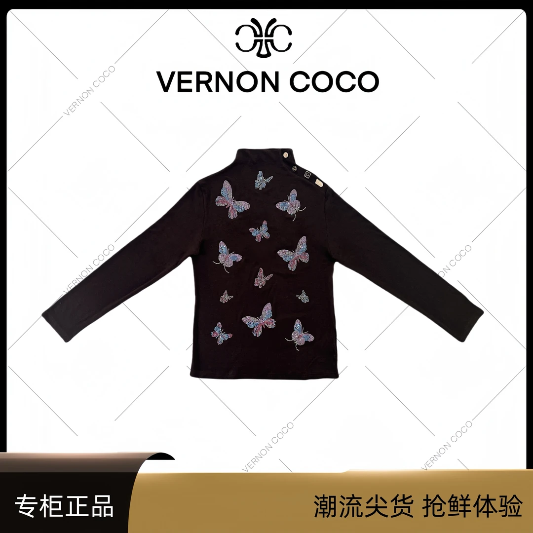 【VERNON COCO】Y30秋季中领蝴蝶烫钻重工时尚显瘦打底衫VC359