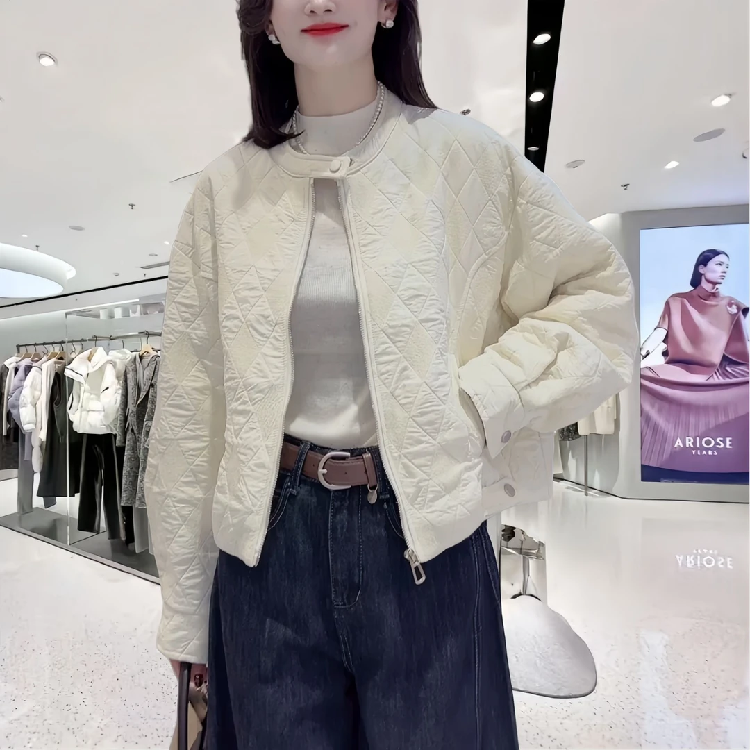 秋季薄款菱格秋冬时尚夹棉宽松休闲外套潮流慵懒风短款夹克