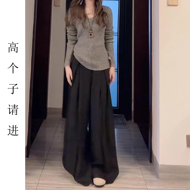 裤长112cm高个子加长灰色褶皱阔腿女高腰宽松显瘦垂感拖地休闲裤
