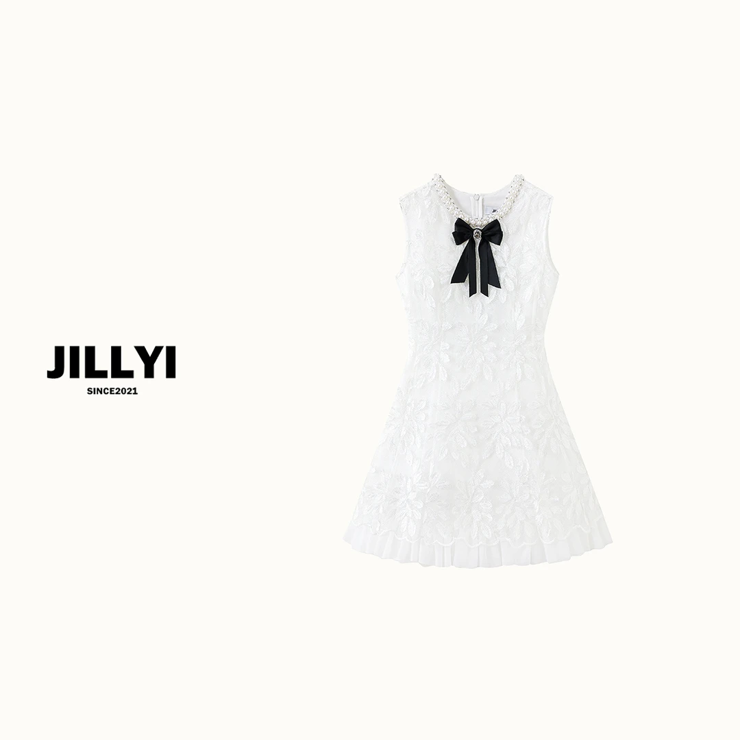 JILLYI南山店【巴黎画廊】白色领口手缝珍珠流苏工艺轻奢优雅连衣裙