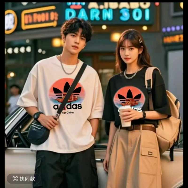 印花短袖常规款圆领格子夏季T恤情侣白色欧若智性风1001