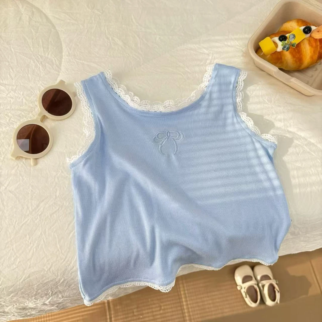 女童刺绣花边蝴蝶结吊带夏季新款宝宝背心甜美时尚吊带SJ-G-B122