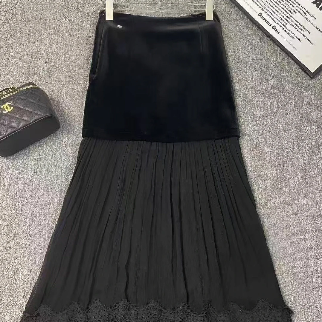 拼接百褶丝绒过膝松紧腰显瘦半裙时尚丝绒半裙下摆拼接