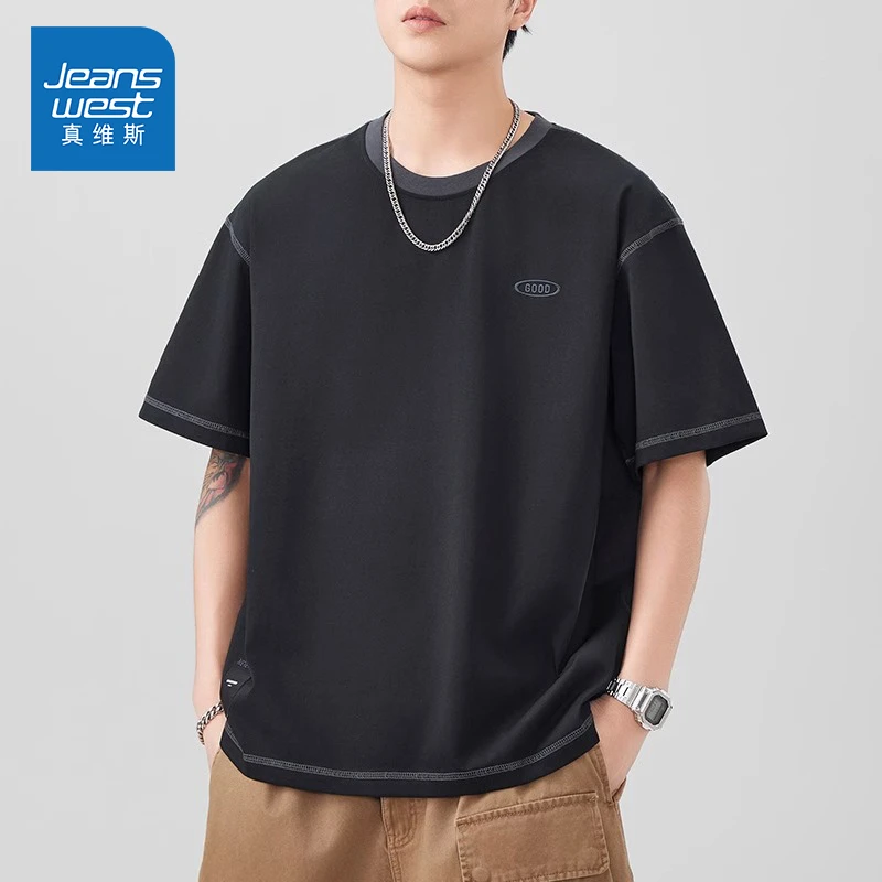 Jeanswest/真维斯潮流刺绣新款短袖T恤男士夏季百搭圆领透气半袖
