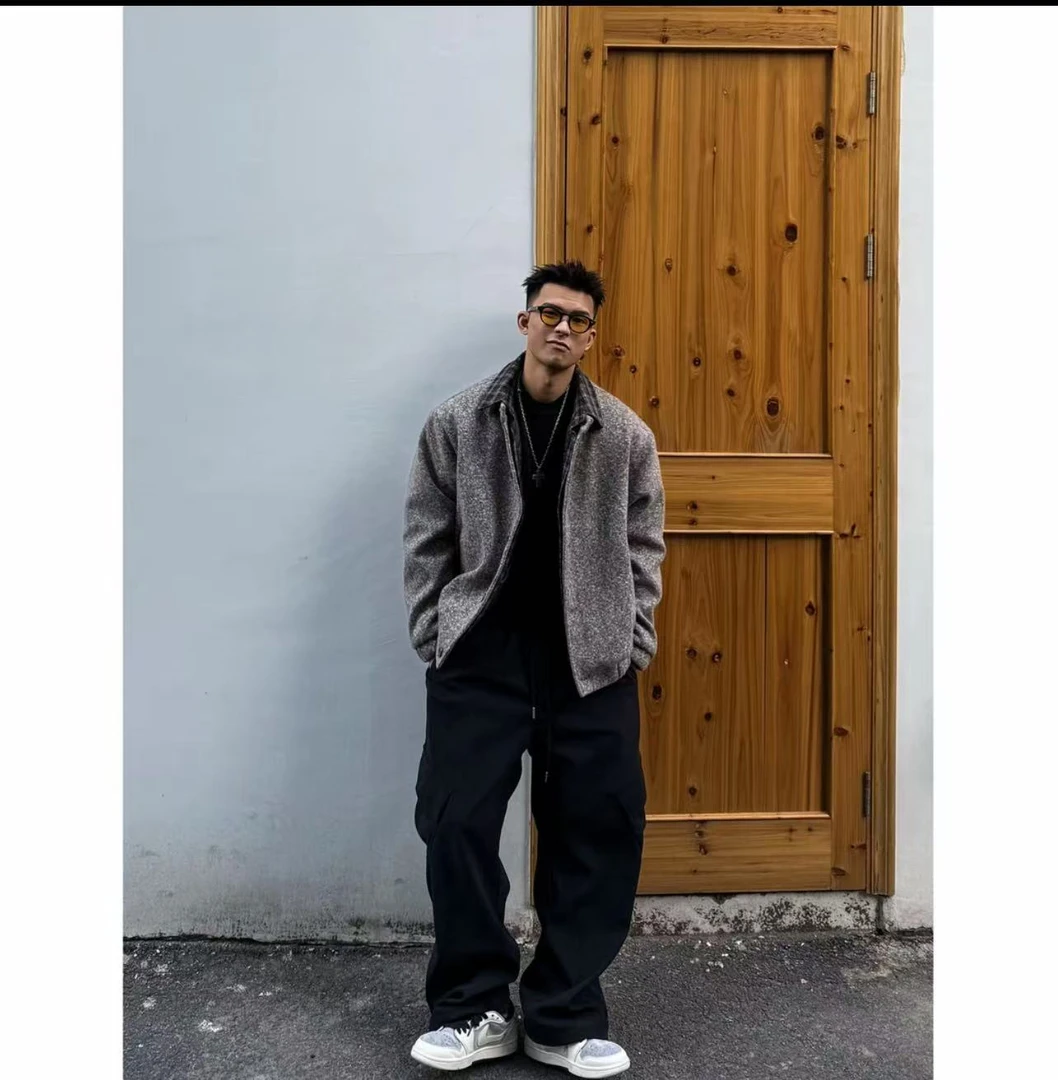 90白鸭绒冬季绵羊毛毛妮外套羽绒服假两件翻领磨毛男士