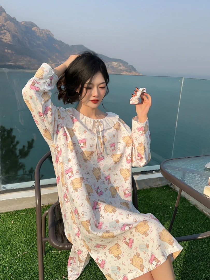 C35圆领纯棉长袖长裤女士可爱甜美云朵棉睡衣