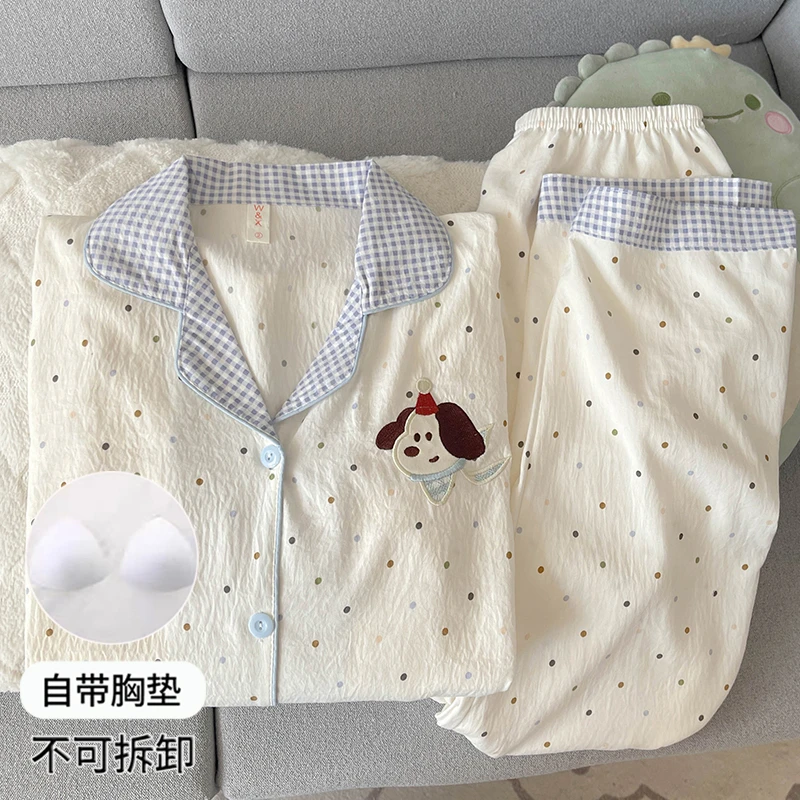 【长袖胸垫版】奶呼呼卡通固定一体胸垫睡衣女长袖长裤两件套家居服
