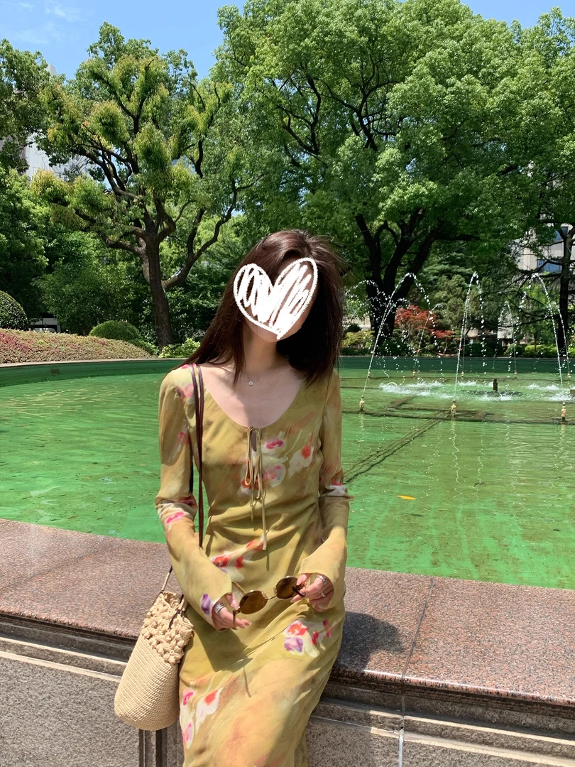 法式复古高级碎花连衣裙女夏新款高腰轻熟风长袖裙子度假长裙7190