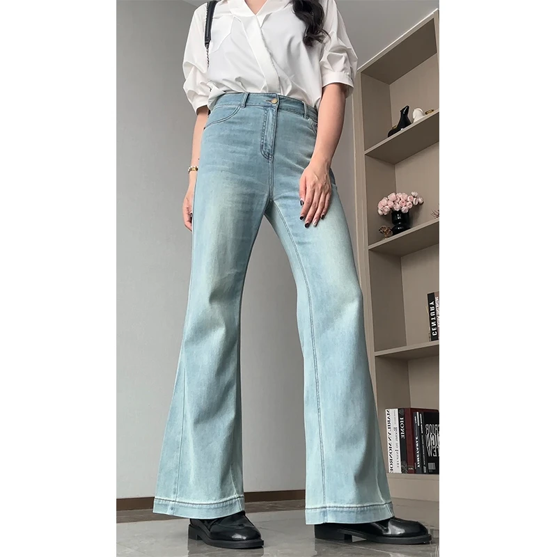 浅蓝色微喇牛仔裤女微胖宽松弹力高腰显瘦休闲百搭做旧流行喇叭裤