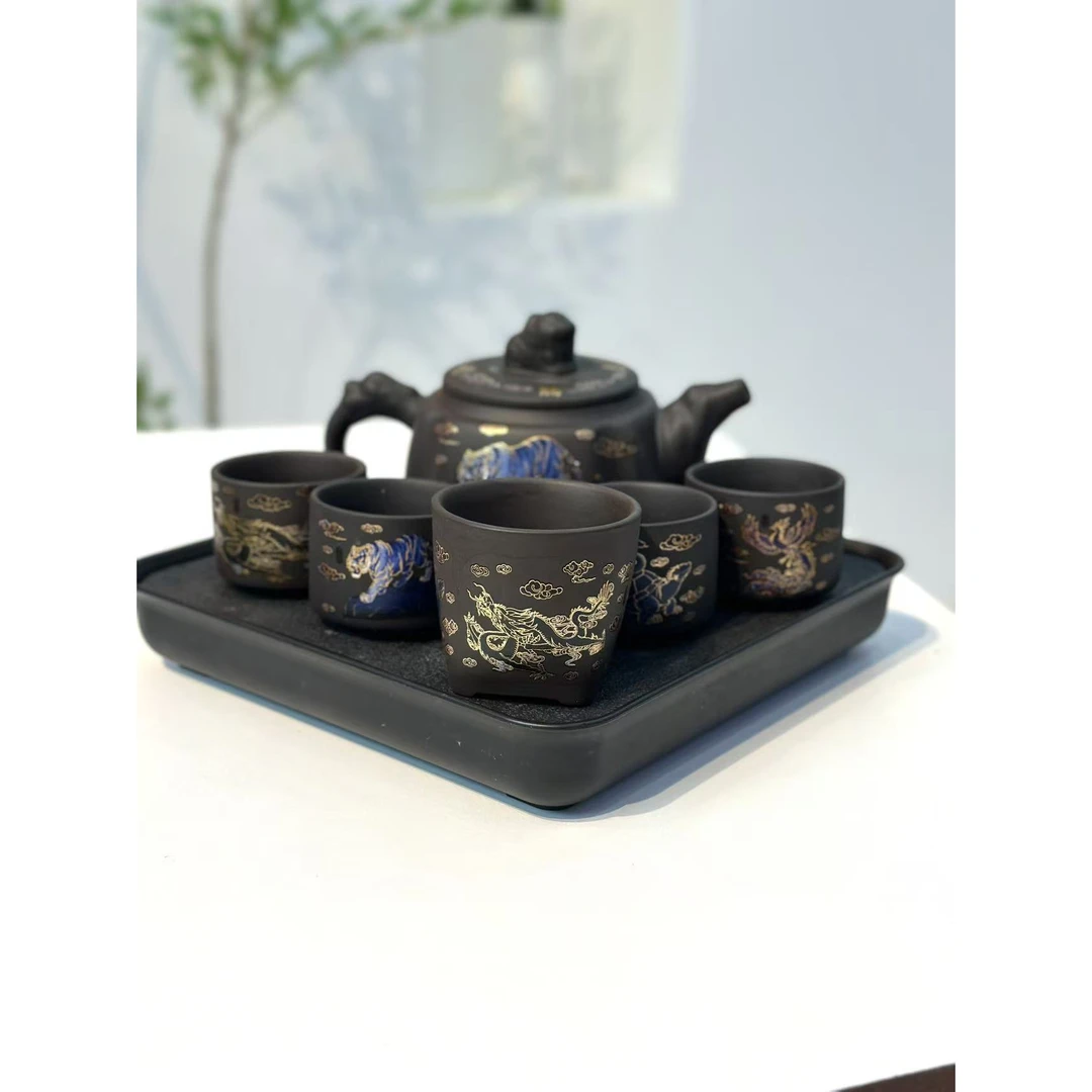 紫砂变色青龙白虎-一壶五杯+茶盘@ZHZ866