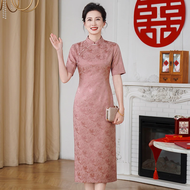 50625新品年轻气质喜妈妈改良旗袍礼服年轻喜婆婆婚宴装连衣裙