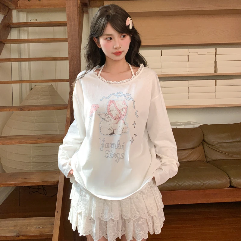 森女部落甜美挂脖设计感薄款长袖T恤女可爱小羊印花上衣2025新款