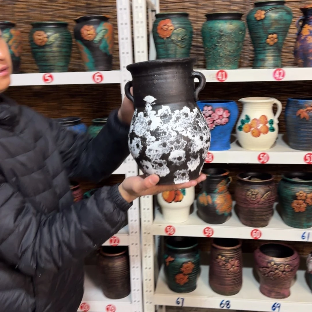 红陶红陶浮雕花盆炸炸炸