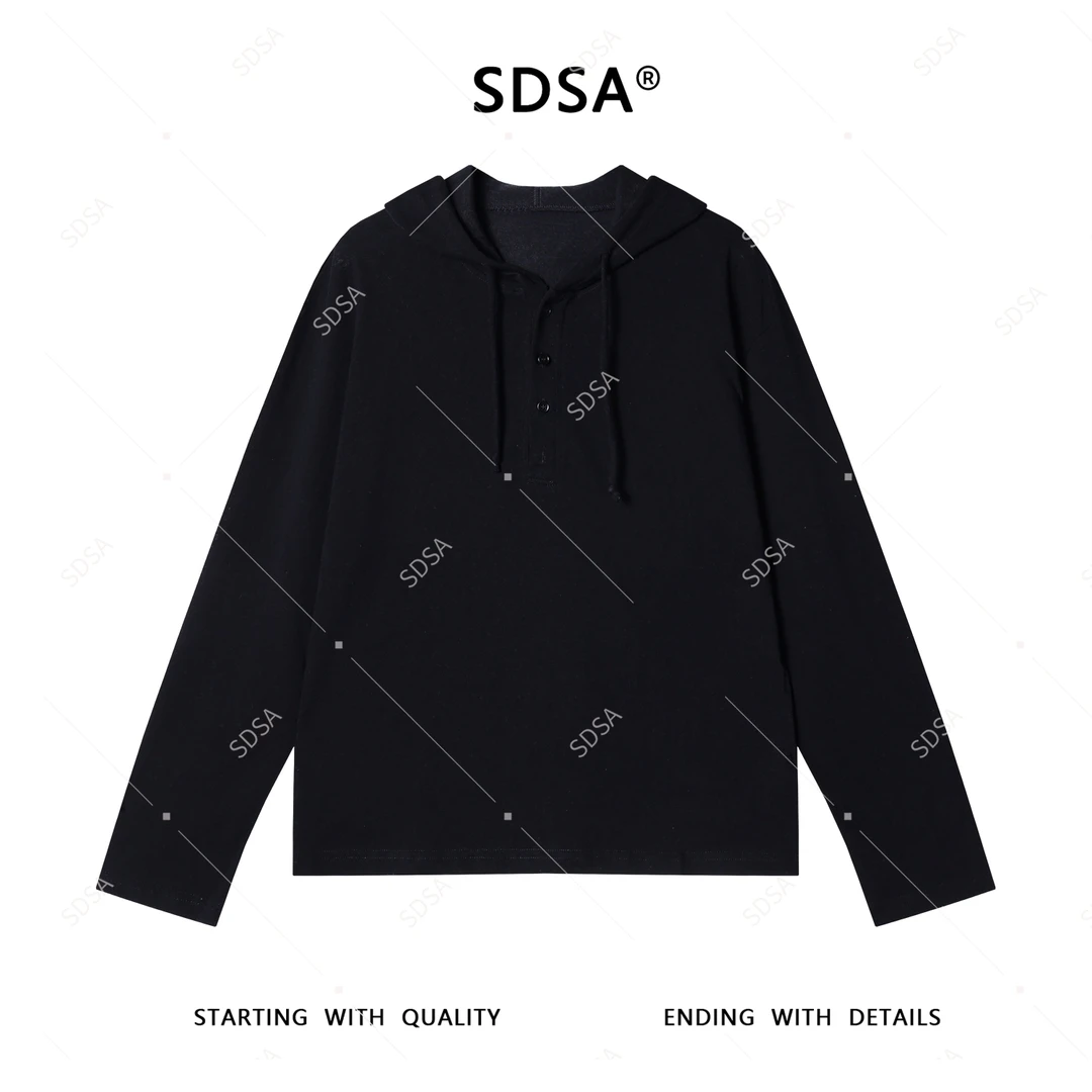 SDSA秋季高级感新款男士纯色半纽扣连帽抽绳长袖T恤宽松百搭上衣