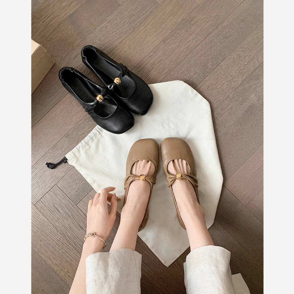 超软羊皮~小金球褶皱平底芭蕾玛丽珍单鞋女奶奶鞋2025年新款秋季