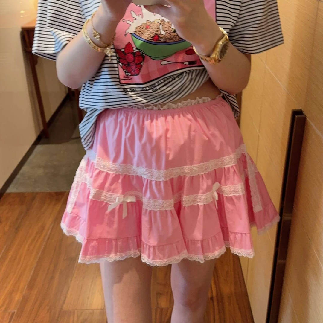 【张静芝】白蕾丝花边拼接粉嫩松紧腰半身裙