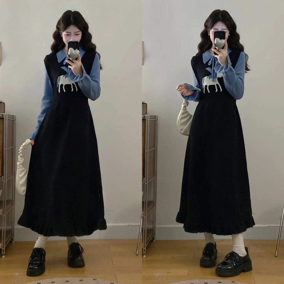 大码秋冬新款加厚毛料长袖假两件时尚拼接针织显瘦毛衣连衣裙长裙