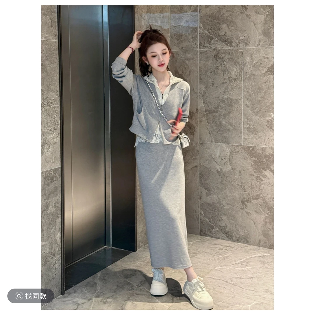 时尚连衣裙女2025春季新款洋气蕾丝拼接连帽外套高腰半身裙两件套