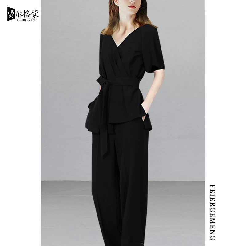 气质显瘦上衣长裤休闲通勤套装女夏新款黑色洋气女神范后妈裙显瘦