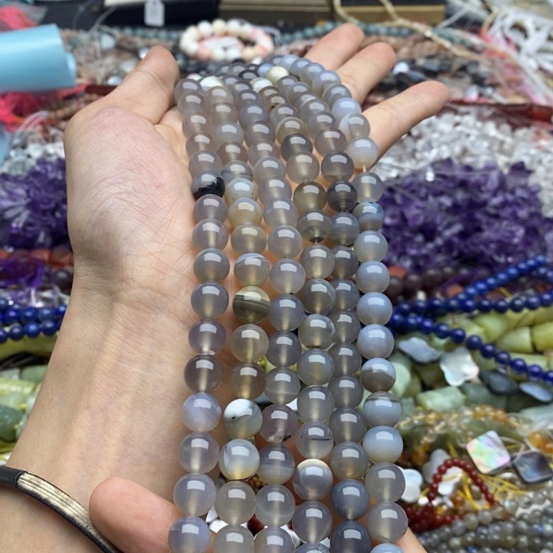 玛瑙/玉髓未镶嵌珠宝半成品一条天然10mm灰玛瑙圆珠