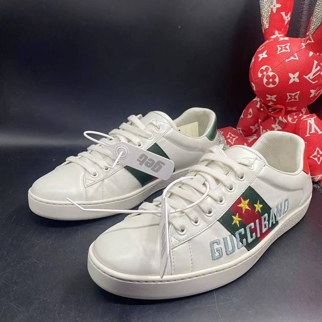 95新 GUCCI/古驰 白色ACE旗帜时尚舒适板鞋42欧码ddm1018