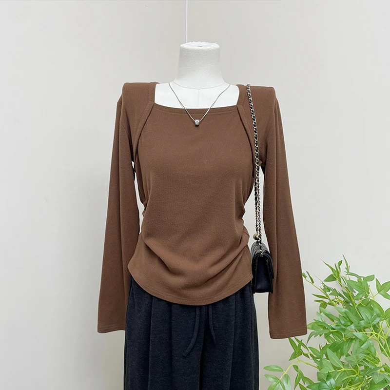 大码胖mm200斤港风chic复古方领收腰正肩长袖t恤女秋冬气质打底衫