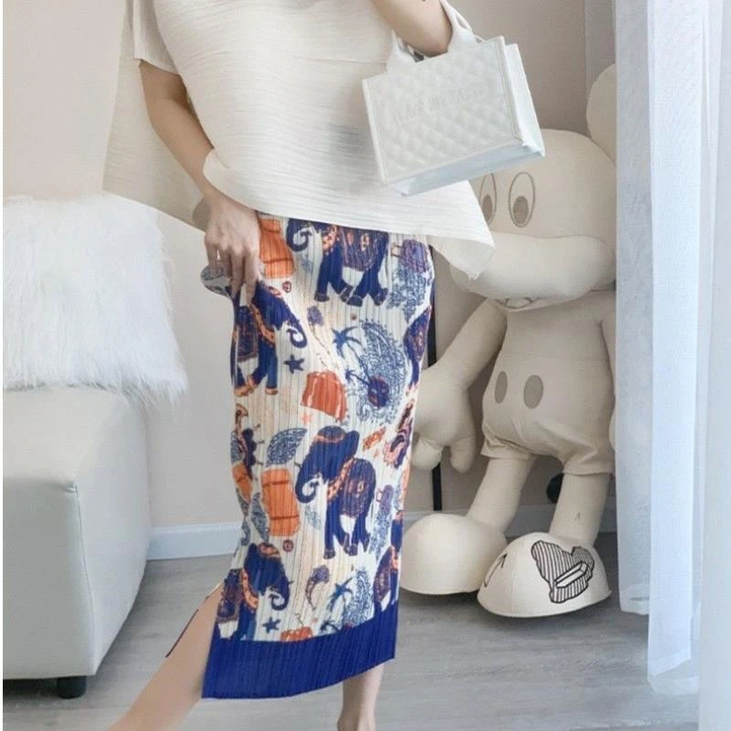 【褶二喜】褶皱休闲时尚套装女三宅风夏不规则短袖T恤开叉半身裙