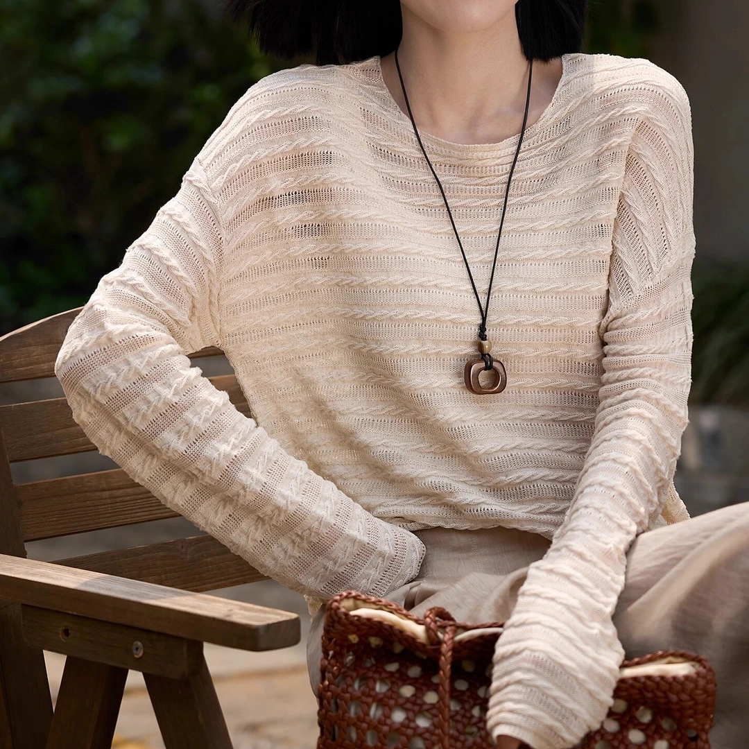 复古氛围感圆领长袖镂空绞花针织T恤女夏季款减龄不撞款套头上衣