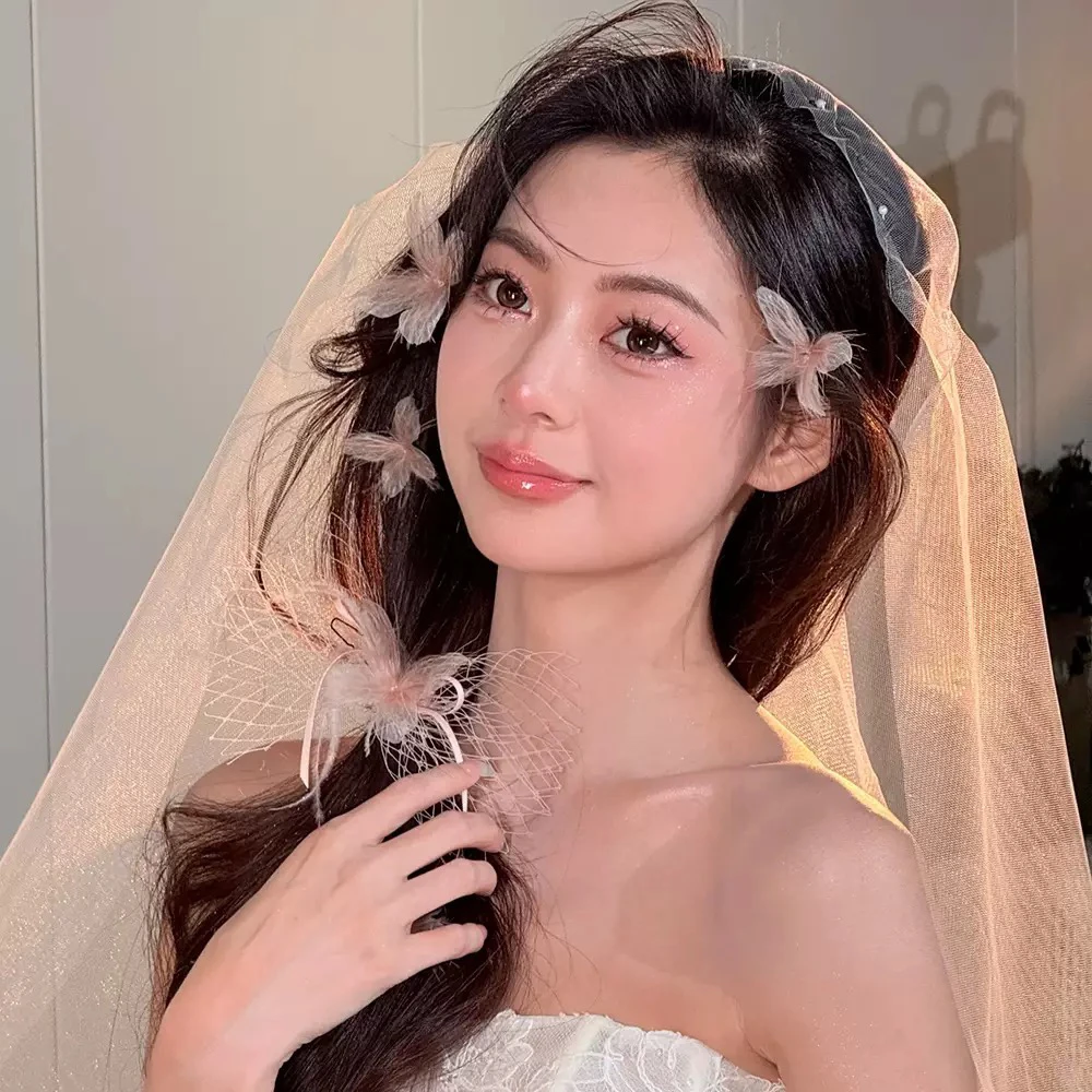 新娘头饰粉色羽毛发饰复古六件套结婚婚纱头饰法式头饰饰品新款