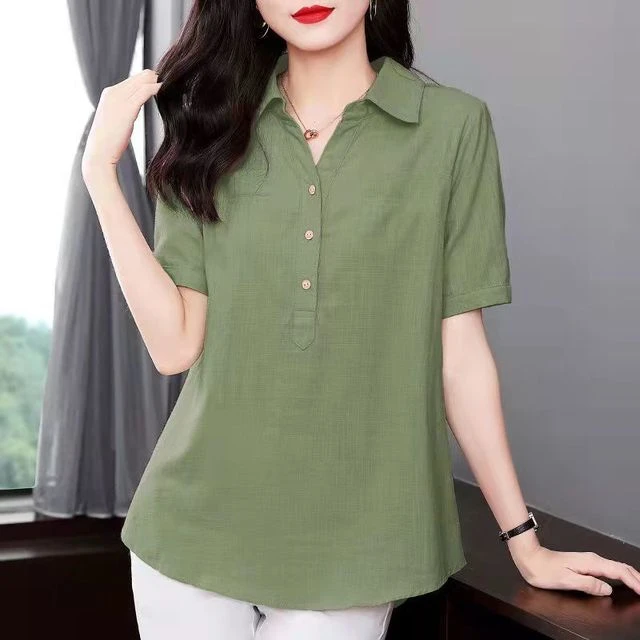 夏装麻棉大码上衣衬衫休闲遮肚子显瘦中长款宽松衬衣女士新款短袖
