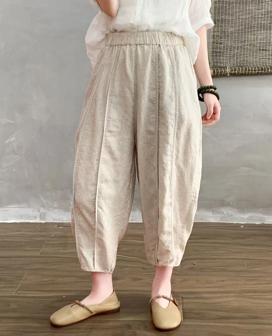 苎麻休闲女宽松显瘦遮胯松紧腰九分哈伦裤文艺复古设计