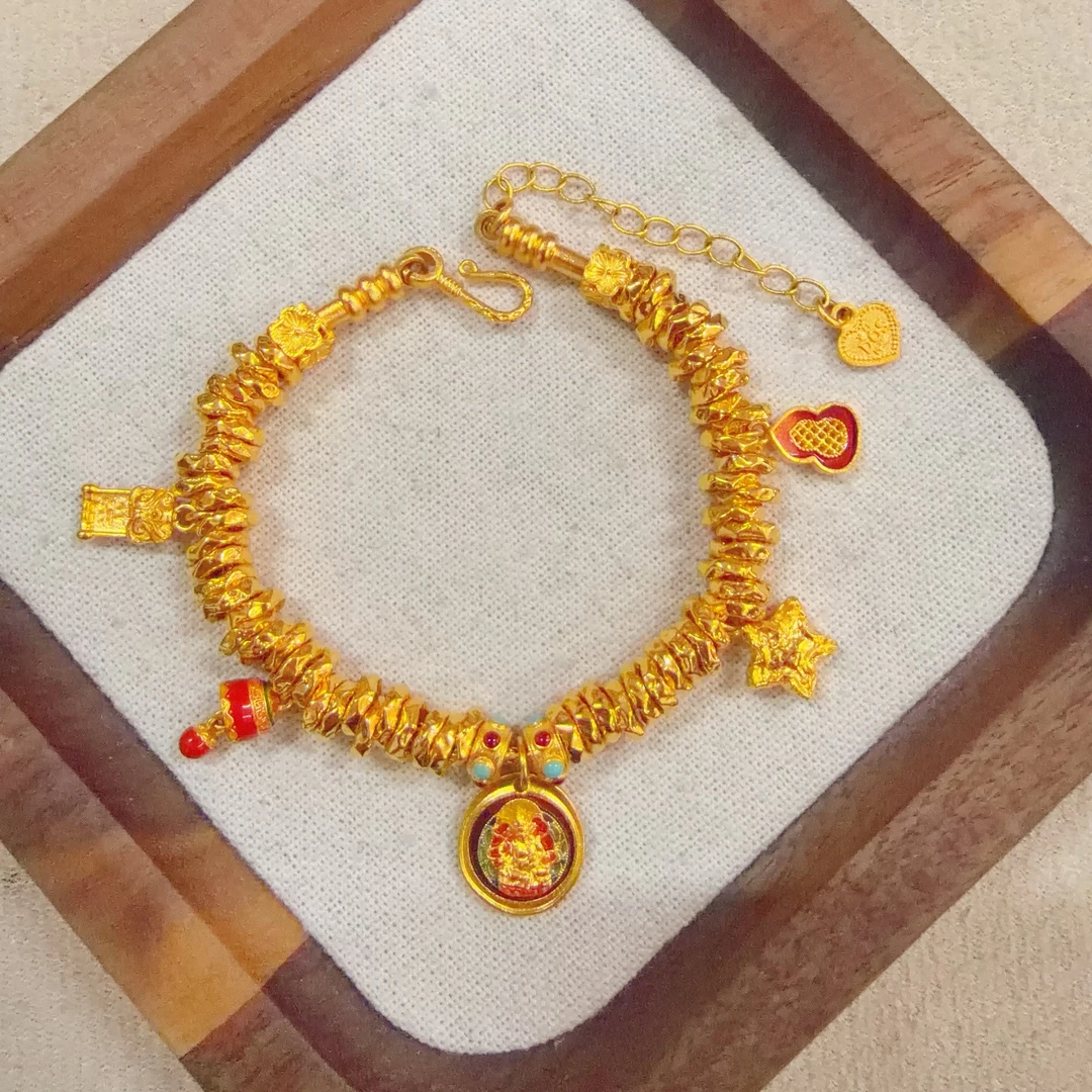 【足金珐琅黄财神转经筒盘缠手串】卡6mm(配合金链）