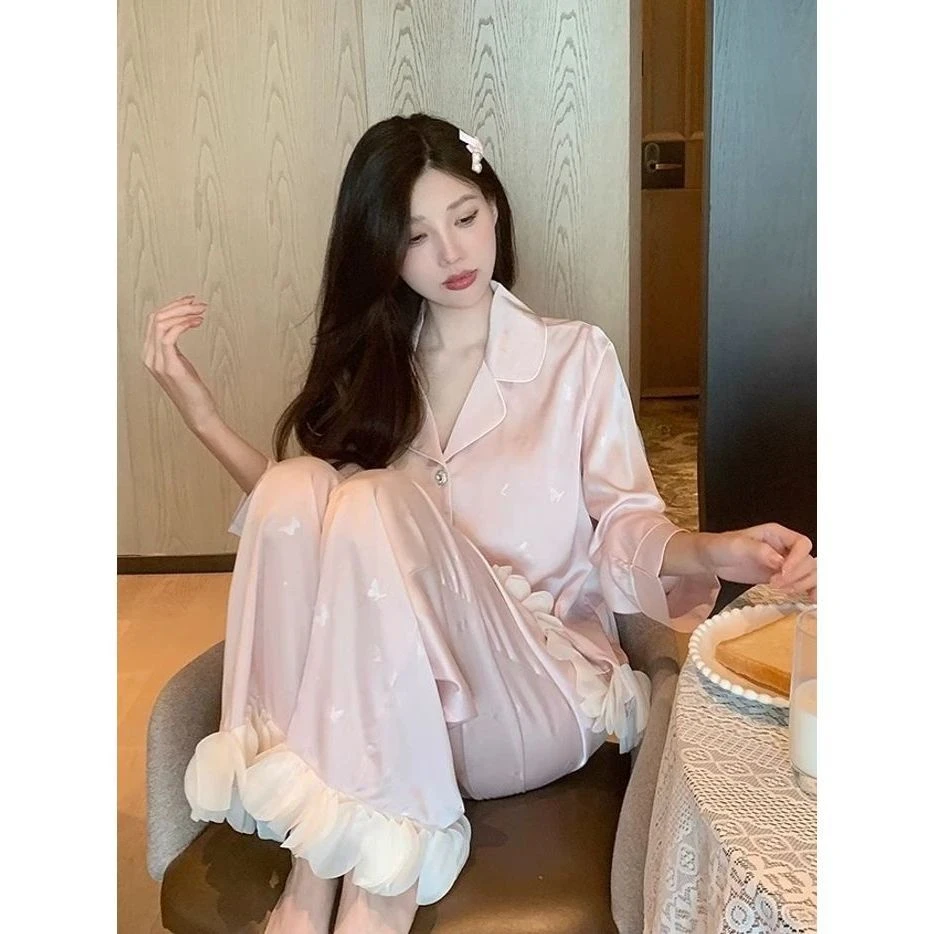 冰雪丝睡衣女春秋季甜美气质2025新款蝴蝶印花长袖套装外穿家居服