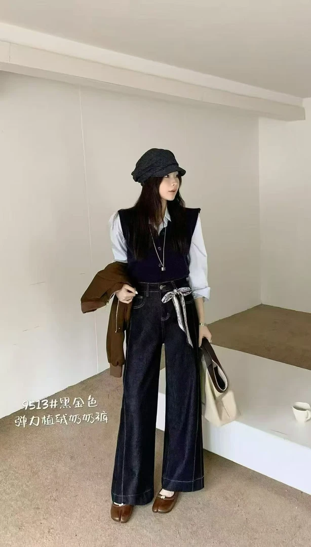 9513冬季新款显瘦【植绒】弹力丝带阔腿直筒牛仔裤女