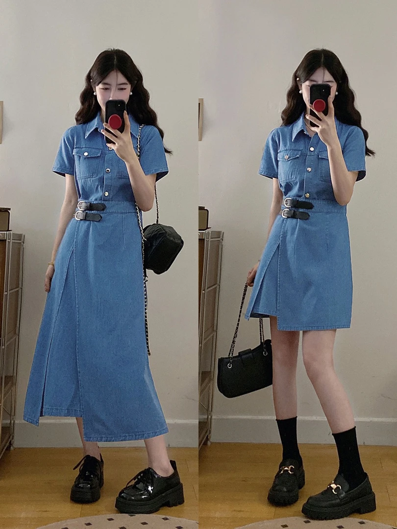 大码复古风连衣裙女装夏季高级感梨形身材牛仔裙胖MM收腰显瘦裙子