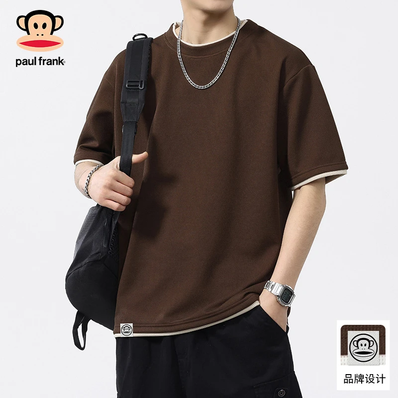 Paul Frank/大嘴猴美式假两件短袖男t恤休闲华夫格宽松T恤上衣