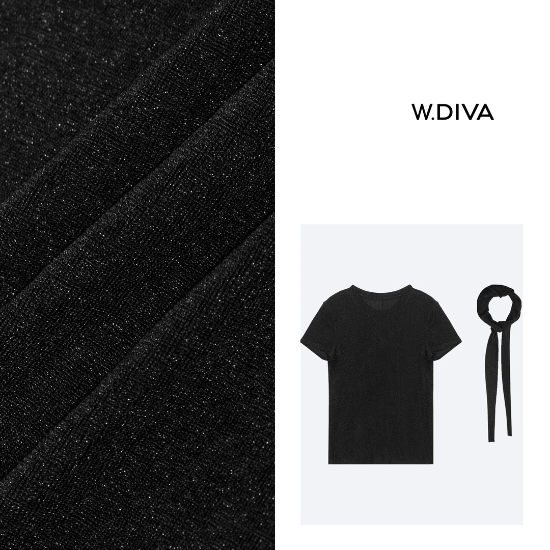 W.Diva【星光衫】黑色灵动系带醋酸混纺通勤出行短袖T恤女52T162335