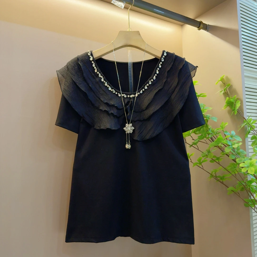 夏季新款纯色荷叶边时尚短款小上衣百搭拼接短袖（长59左右）