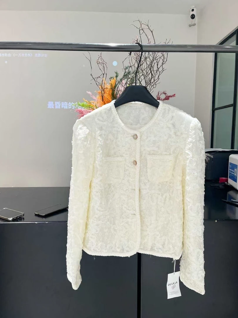 肌理感上衣春秋季时尚气质圆领口袋优雅长袖外套 清版no退换