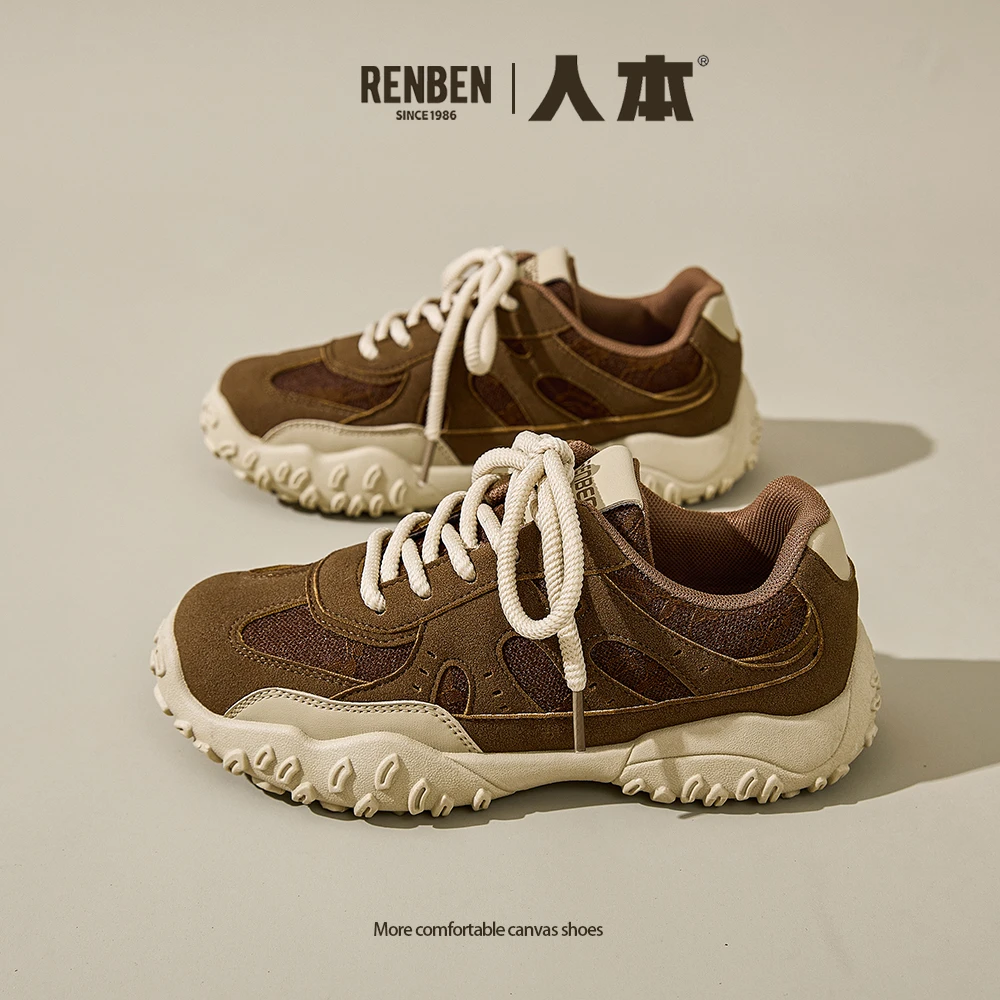 人本女鞋2025秋季新款百搭韩版阿甘鞋软底小众德训鞋子蕾丝小白鞋