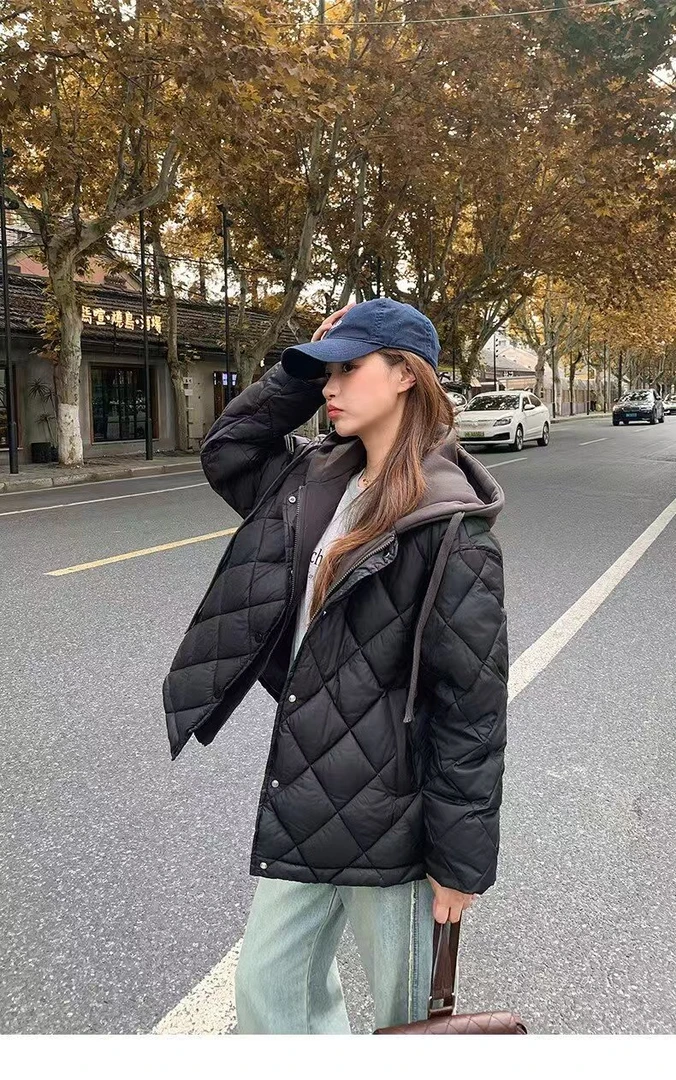 608连帽菱形格百搭棉服