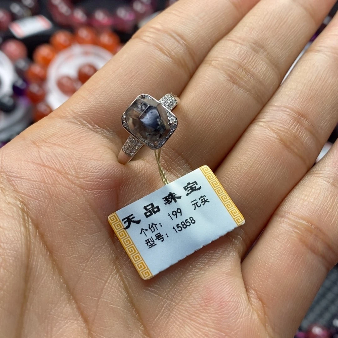 水晶手链银S925镶嵌黑银钛戒指15858