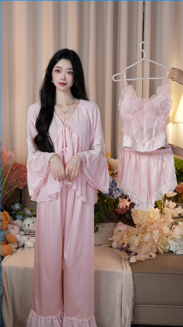 露娜专属【红袖添香】法式原创花朵显瘦性感粉色春秋夏睡衣家居服女