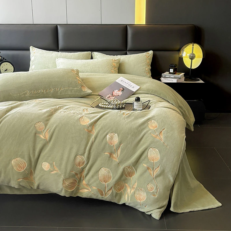 郁金香刺绣牛奶绒单被套轻奢高级感加绒加厚150x200cm双面绒被罩